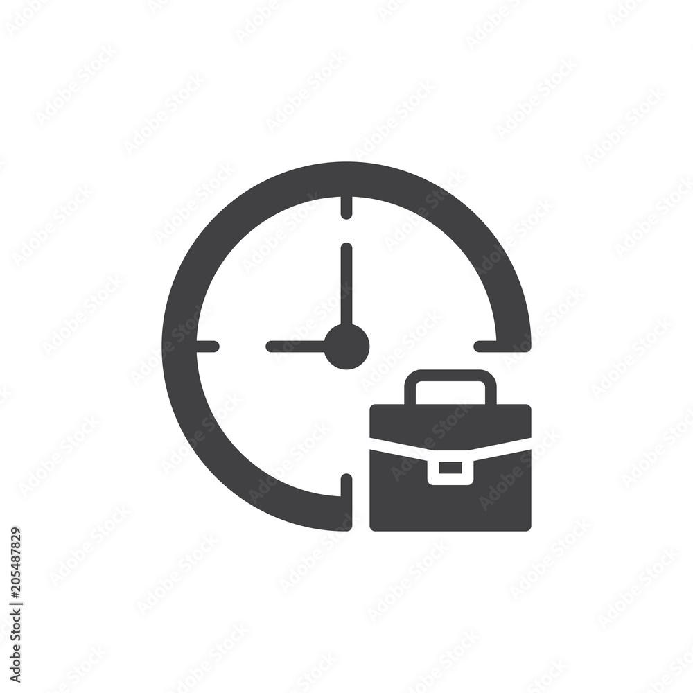 Clock and briefcase vector icon. filled flat sign for mobile concept and web design. Work time simple solid icon. Symbol, logo illustration. Pixel perfect vector graphics