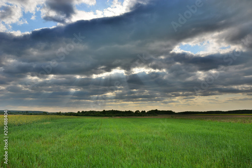 Sunny rays in dark clouds over a green meadow