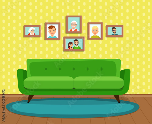 Cozy interior of the living room. Photos above the couch. Vector flat style illustration