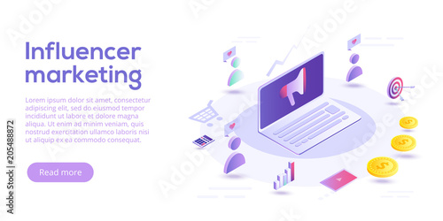 Influencer marketing isometric vector illustration. Blog advertising goods via internet social media. Website or blog ad influence on potential buyers.