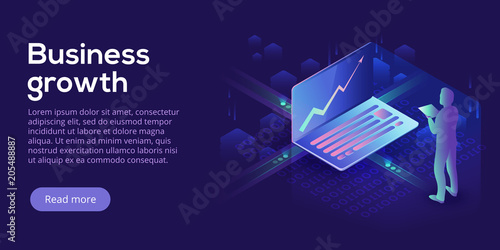 Business growth isometric vector illustration. Abstract businessman with laptop background. Financial increase or stock exchange website header layout. Digital technology concept.
