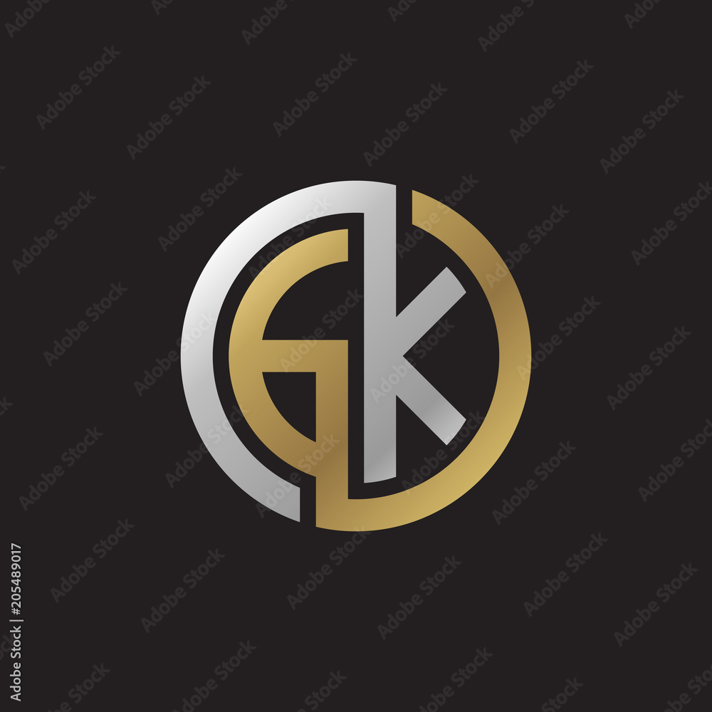 Initial letter GK, looping line, circle shape logo, silver gold color on black background Initial letter GK, looping line, circle shape logo, silver gold color on black background