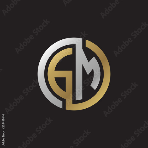 Initial letter GM, looping line, circle shape logo, silver gold color on black background