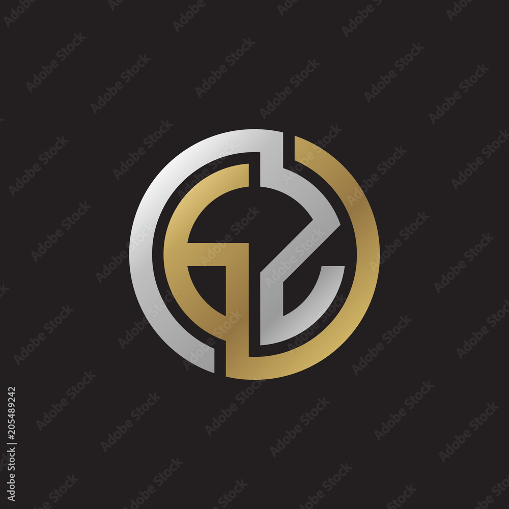 Initial letter GZ, looping line, circle shape logo, silver gold color on black background Initial letter GZ, looping line, circle shape logo, silver gold color on black background