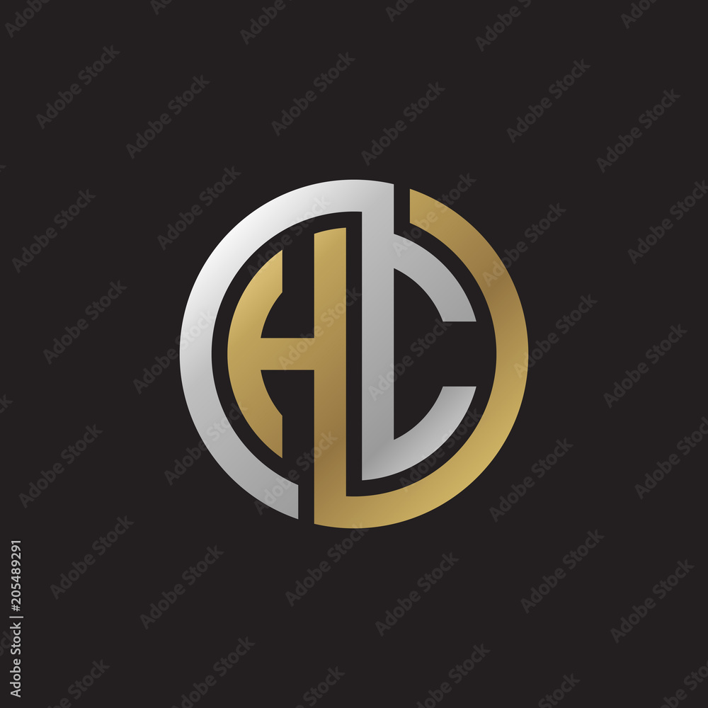 Initial letter HC, looping line, circle shape logo, silver gold color on black background Initial letter HC, looping line, circle shape logo, silver gold color on black background