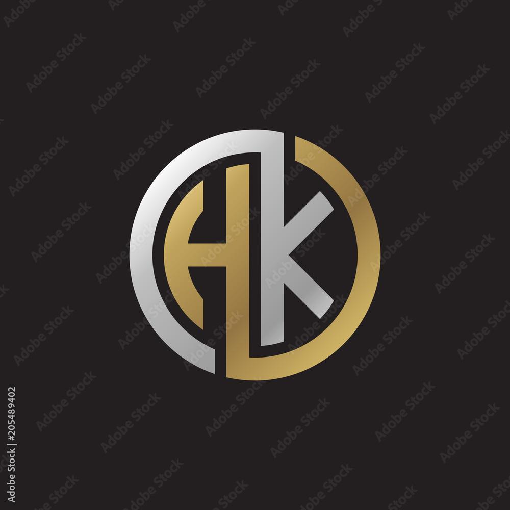 Initial letter HK, looping line, circle shape logo, silver gold color on black background Initial letter HK, looping line, circle shape logo, silver gold color on black background