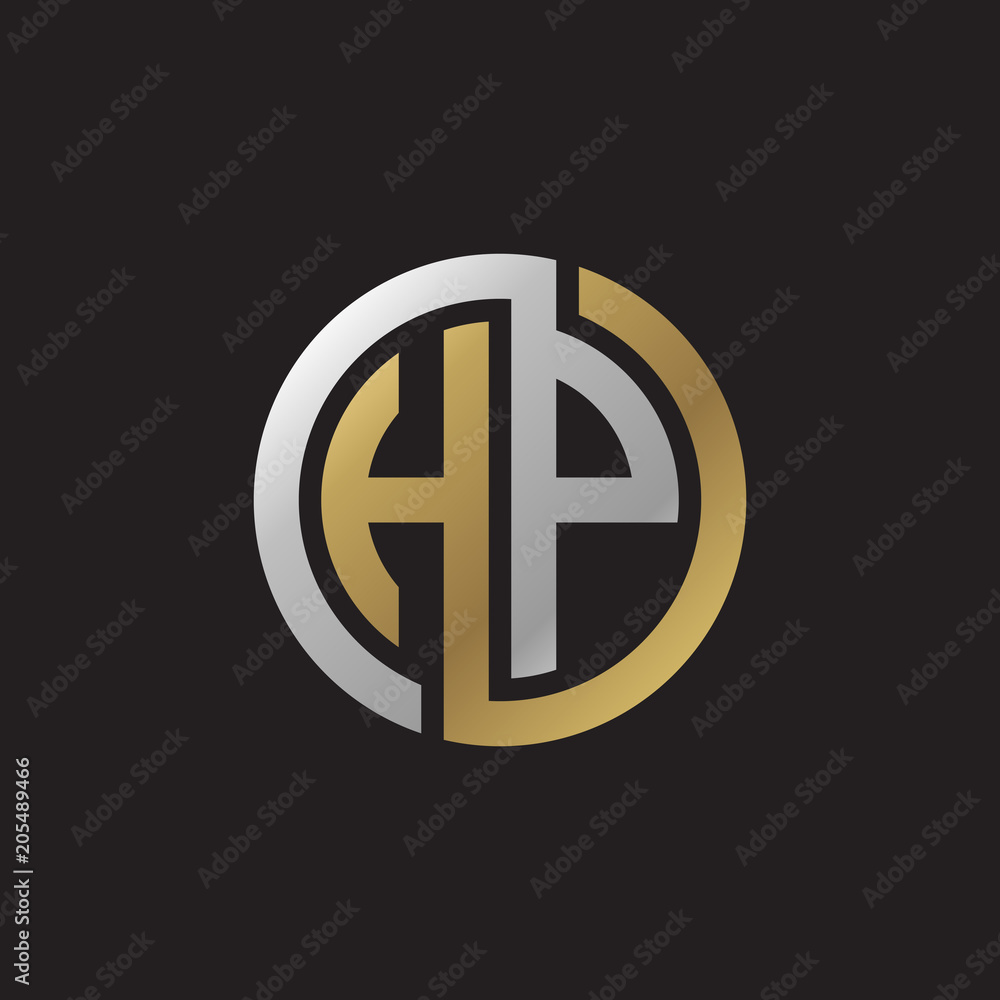 Initial letter HP, looping line, circle shape logo, silver gold color on black background Initial letter HP, looping line, circle shape logo, silver gold color on black background
