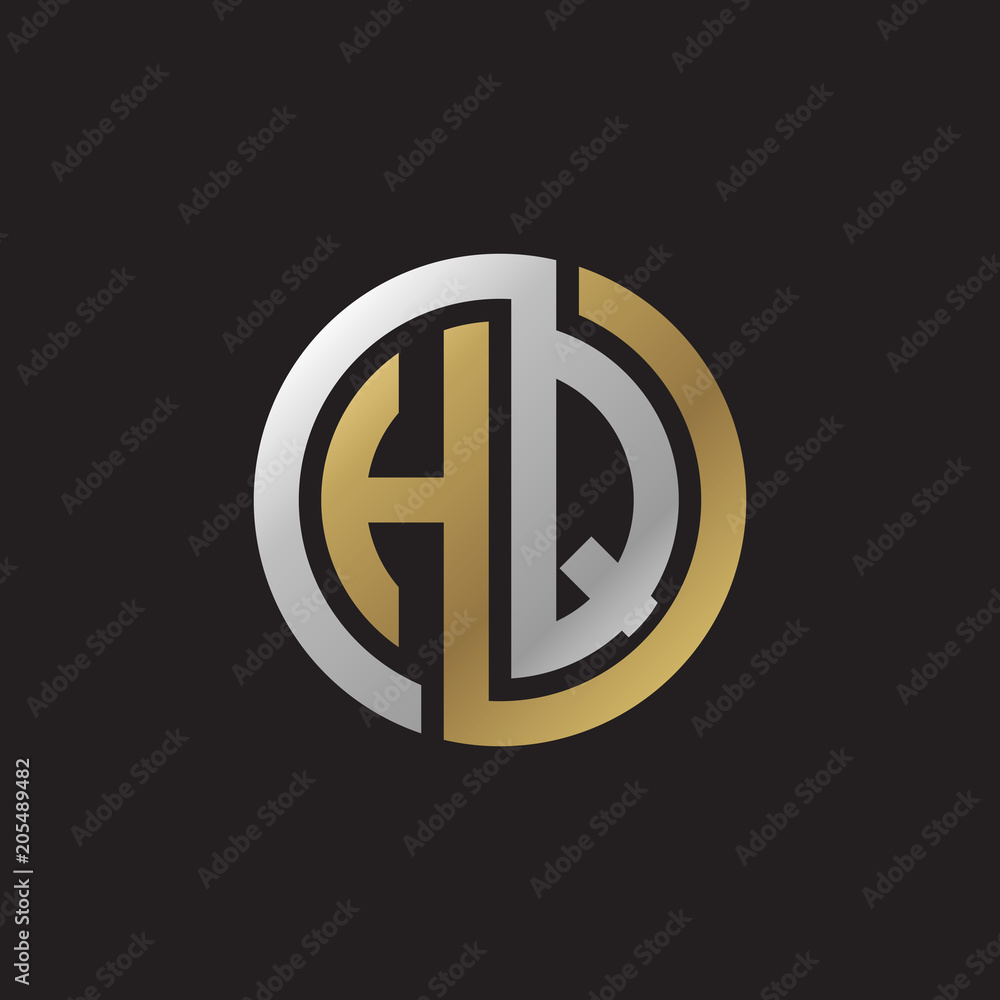 Initial letter HQ, looping line, circle shape logo, silver gold color on black background Initial letter HQ, looping line, circle shape logo, silver gold color on black background