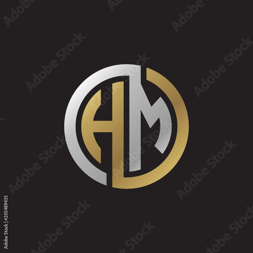 Initial letter HM, looping line, circle shape logo, silver gold color on black background