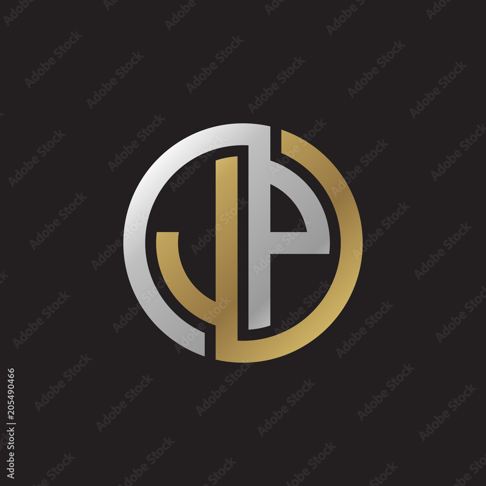 Initial letter JP, looping line, circle shape logo, silver gold color on black background Initial letter JP, looping line, circle shape logo, silver gold color on black background