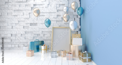 Realistic Room With Party Balloons, Gift Boxes And Paper Bags And Empty Poster For Text 3D Rendering