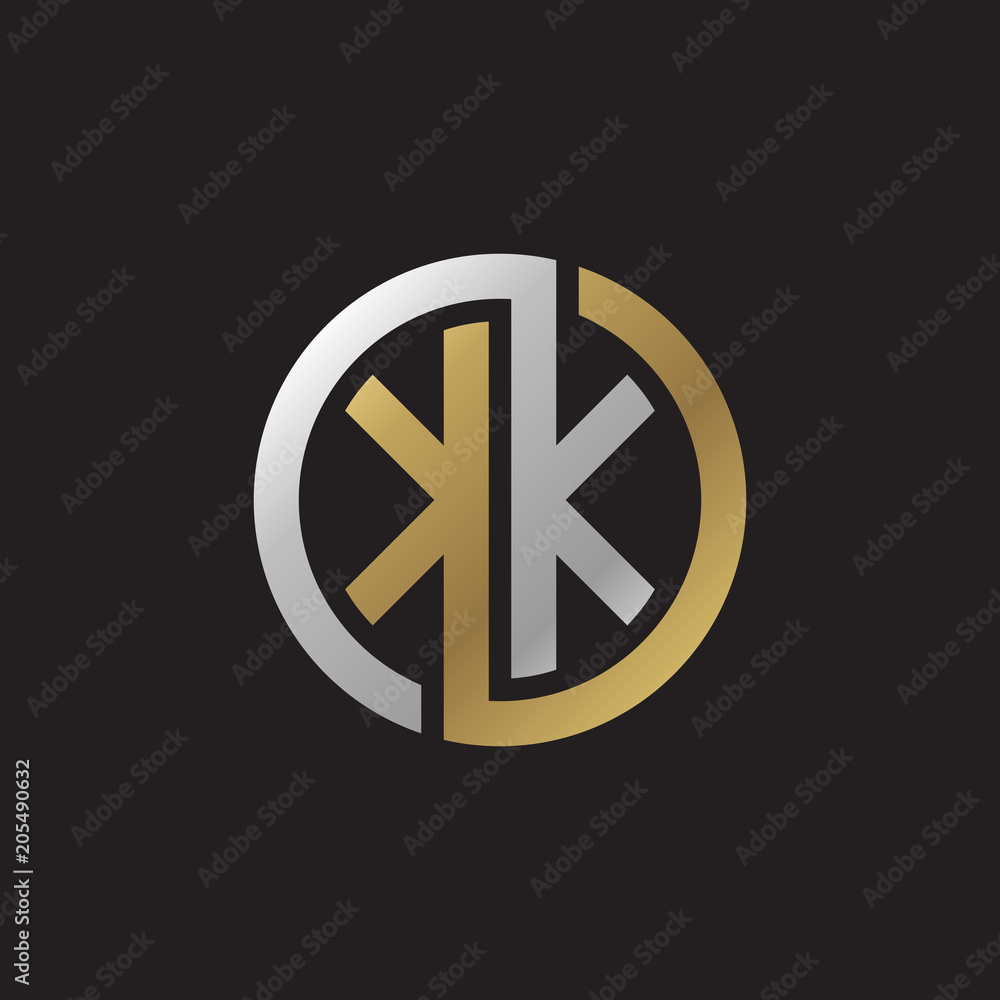 Initial letter KK, looping line, circle shape logo, silver gold color on black background Initial letter KK, looping line, circle shape logo, silver gold color on black background