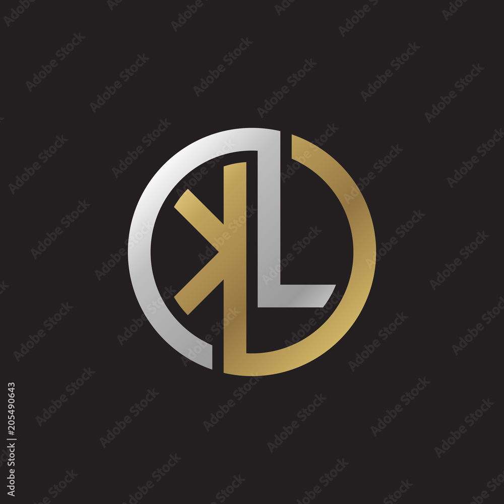 Initial letter KL, looping line, circle shape logo, silver gold color on black background Initial letter KL, looping line, circle shape logo, silver gold color on black background