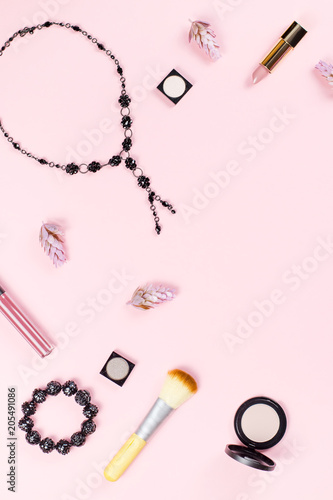 woman beauty accessories flat lay on pastel background. Fashion or beauty blogger concept.
