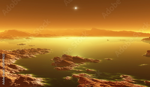 Fototapeta Naklejka Na Ścianę i Meble -  Titan, largest moon of Saturn with atmosphere. Surface landscape of Titan. Evaporating the hydrocarbon lakes.