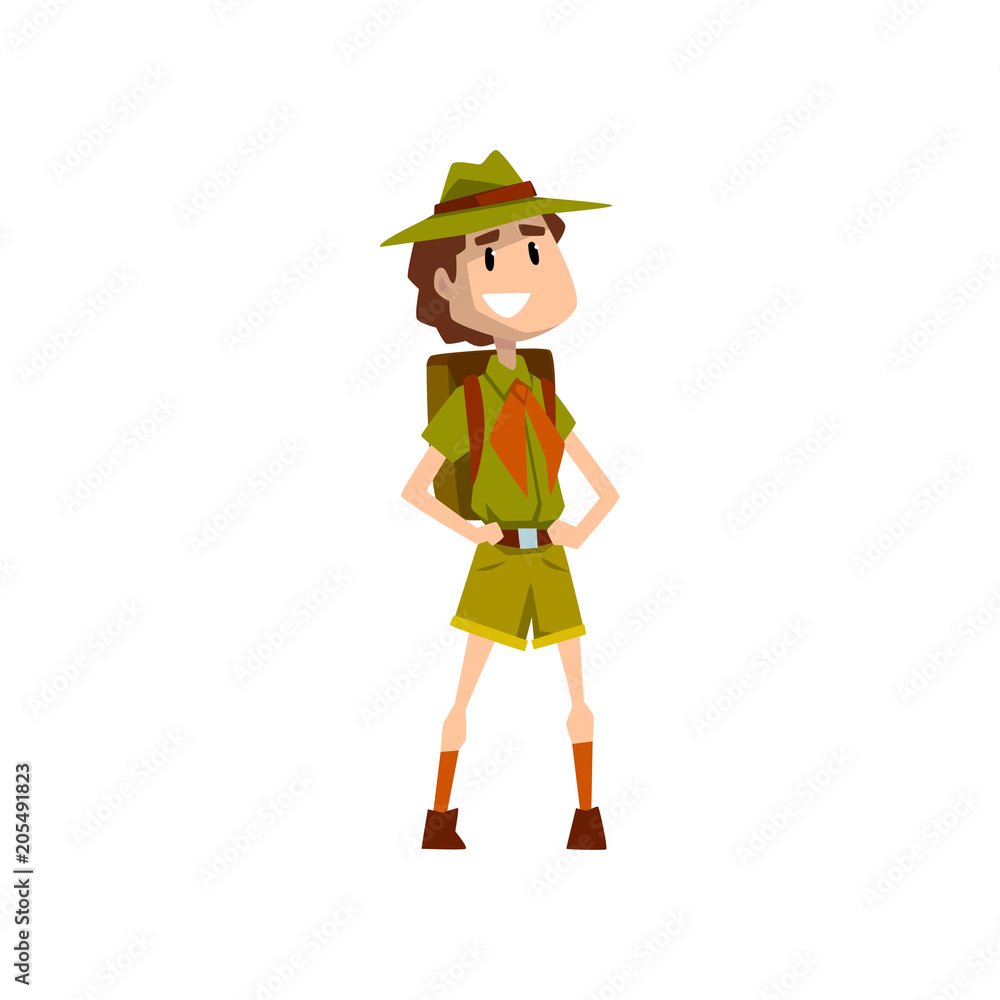 Smiling boy scout character in uniform standing with backpack vector Illustration on a white background