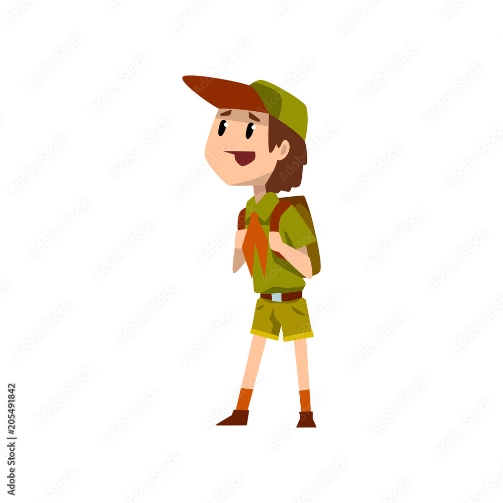 Boy scout character in uniform standing with backpack vector Illustration on a white background Boy scout character in uniform standing with backpack vector Illustration on a white background