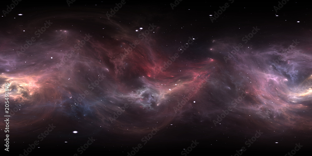 Space background with nebula and stars. Panorama, environment 360 HDRI map. Equirectangular projection, spherical panorama.