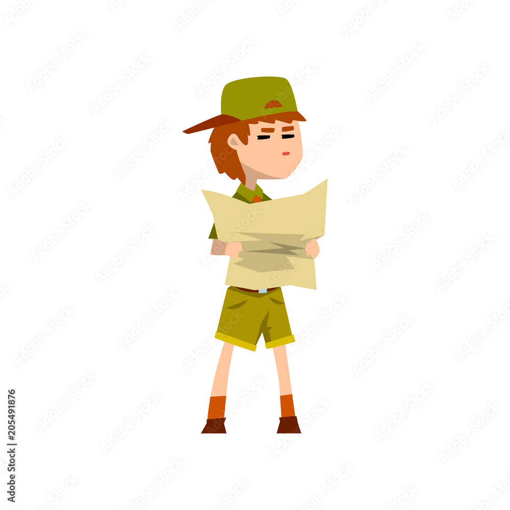 Boy scout character in uniform holding tourist map, outdoor adventures and survival activity in camping vector Illustration on a white background