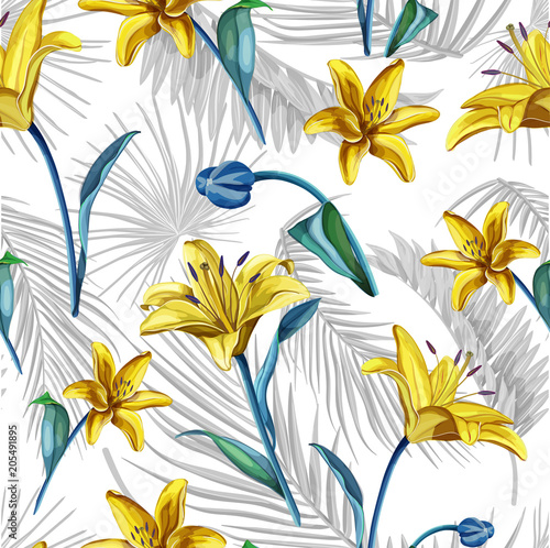 Fototapeta Naklejka Na Ścianę i Meble -  Vector realistic lily blossom leaves stem set