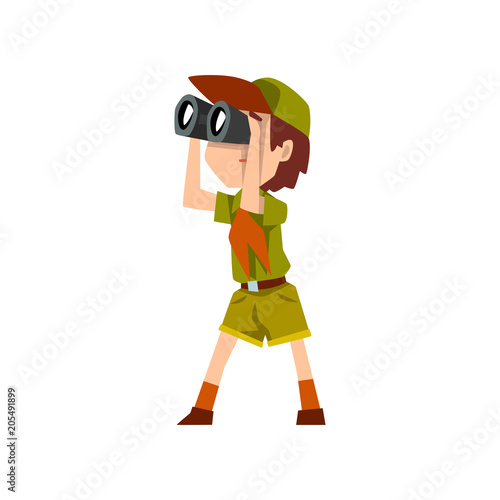 Boy scout character in uniform with binoculars, outdoor adventures and survival activity in camping vector Illustration on a white background