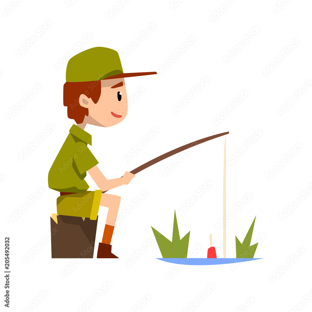 Boy scout character in uniform fishing, outdoor adventures and survival  activity in camping vector Illustration isolated on a white background  Stock Vector
