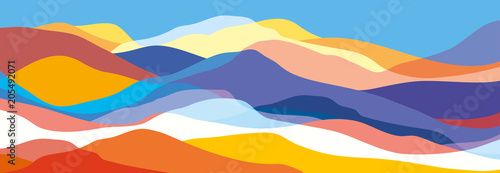 Plakat Wielokolorowe góry, pomarańczowe i niebieskie fale, abstrakcyjne kształty, nowoczesne tło, projekt wektor Ilustracja dla Ciebie projektu
