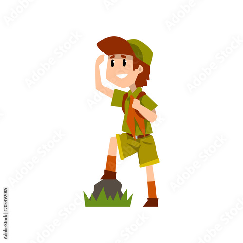 Boy scout character in uniform observing something from a distance, outdoor adventures and survival activity in camping vector Illustration on a white background