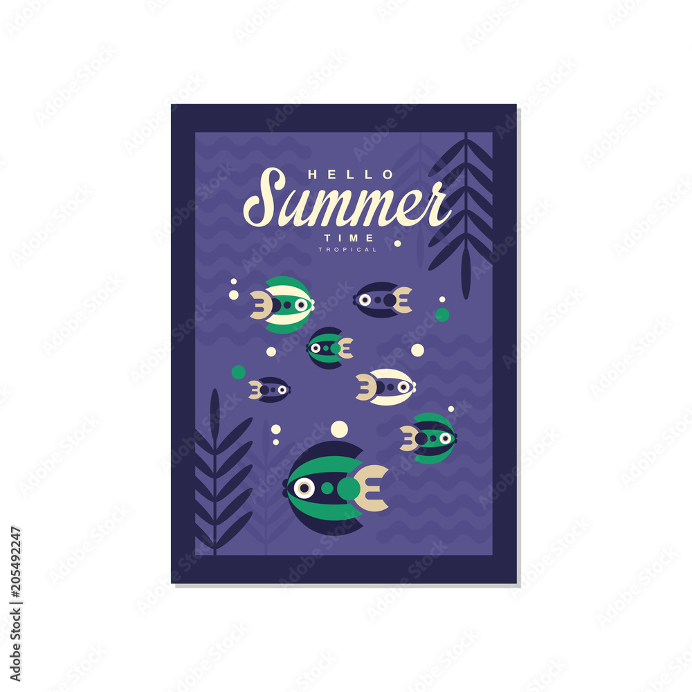 Hello summer time banner template, trendy seasonal background with sea fish for poster, flayer, postcard, cover, brochure, prints, invitation vector Illustration Hello summer time banner template, trendy seasonal background with sea fish for poster, flayer, postcard, cover, brochure, prints, invitation vector Illustration