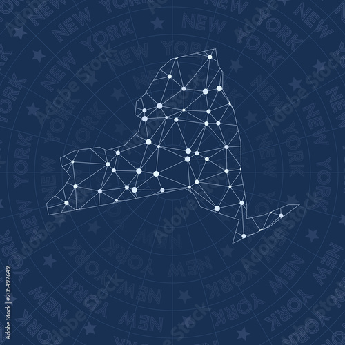 New York network, constellation style US state map. Artistic space style, modern design. New York network map for infographics or presentation.
