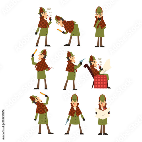 Flat vector icons of detective Sherlock in different actions thinking, reading newspaper, smoking pipe, looking into magnifying glass, holding gun