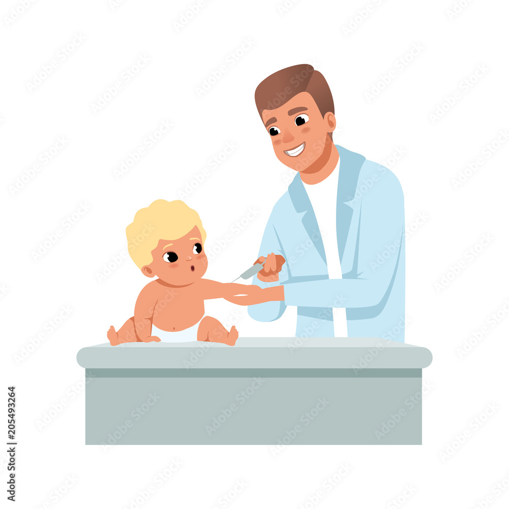 Male pediatrician in white coat making a shot to infant baby at doctors office, vaccination, healthcare for children vector Illustration on a white background Male pediatrician in white coat making a shot to infant baby at doctors office, vaccination, healthcare for children vector Illustration on a white background