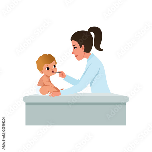 Female pediatrician in white coat looking at infant kid throat with tongue depressor, healthcare for children vector Illustration on a white background