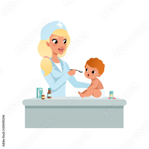 Female pediatrician in white coat taking spoon of syrup medicine to infant baby, healthcare for children vector Illustration on a white background