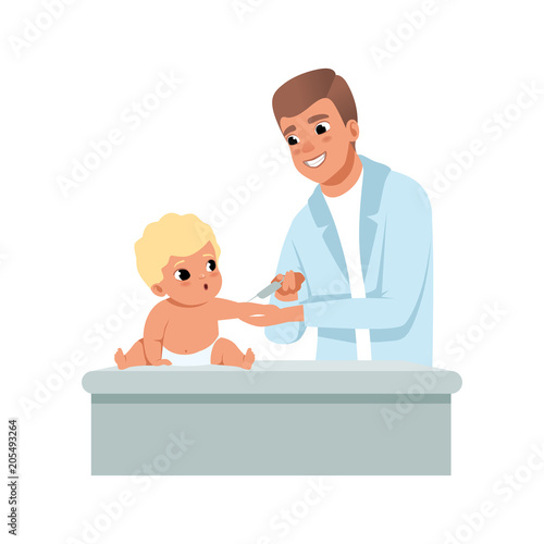 Male pediatrician in white coat making a shot to infant baby at doctors office, vaccination, healthcare for children vector Illustration on a white background