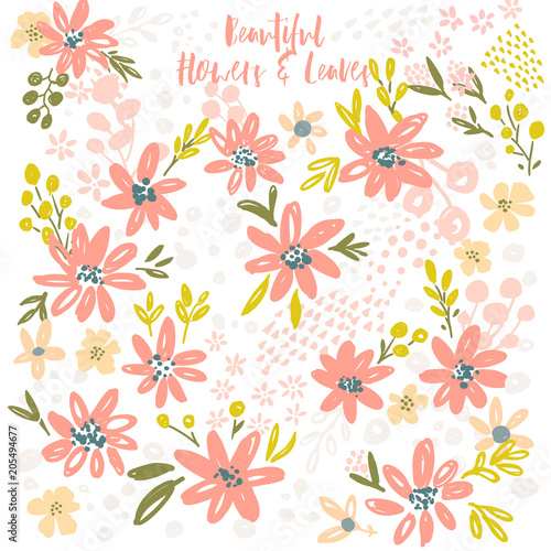 Vector flower, petal and leaves collection. Colorful floral set. Vector template illustration for create invitation, cards or for your personal creative design.