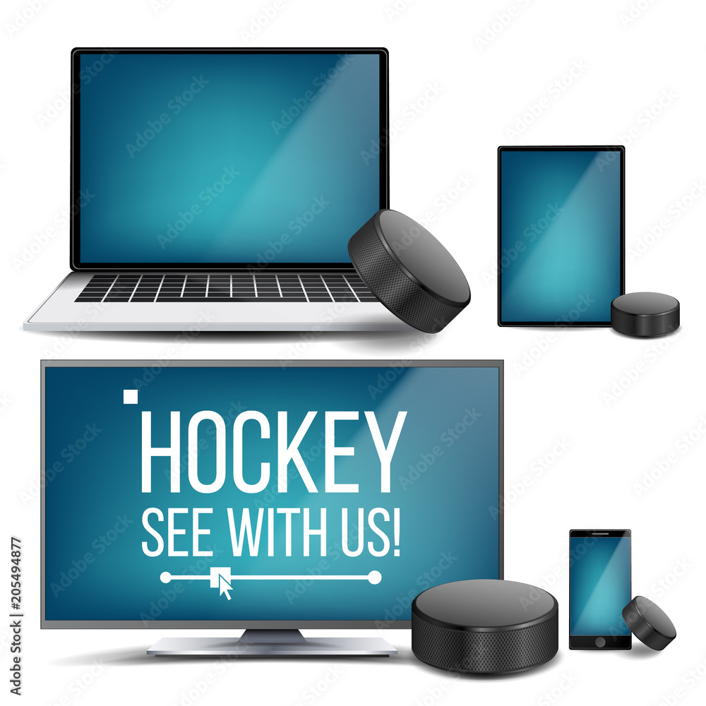 Hockey Application Vector. Hockey Puck. Online Stream, Bookmaker, Sport Game App. Banner Design Element. Live Match