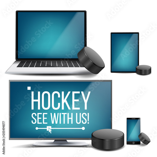 Hockey Application Vector. Hockey Puck. Online Stream, Bookmaker, Sport Game App. Banner Design Element. Live Match. Monitor, Laptop, Touch Tablet, Mobile Smart Phone. Realistic Illustration
