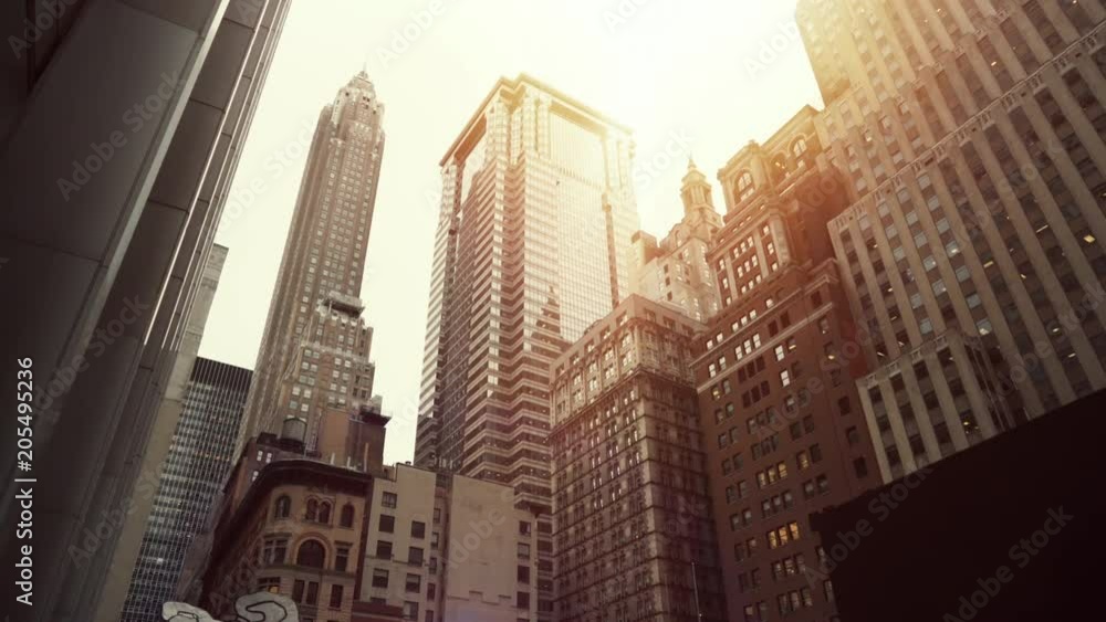 Low Angle Moving Shot of Big Modern Skyscrapers of New York City. Cityscape of America. Shot on RED Epic 4K UHD Camera.