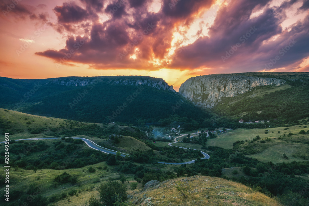 Turda Gorge (Cheile Turzii) panorama at sunset, natural reserve, Transylvania, Romania