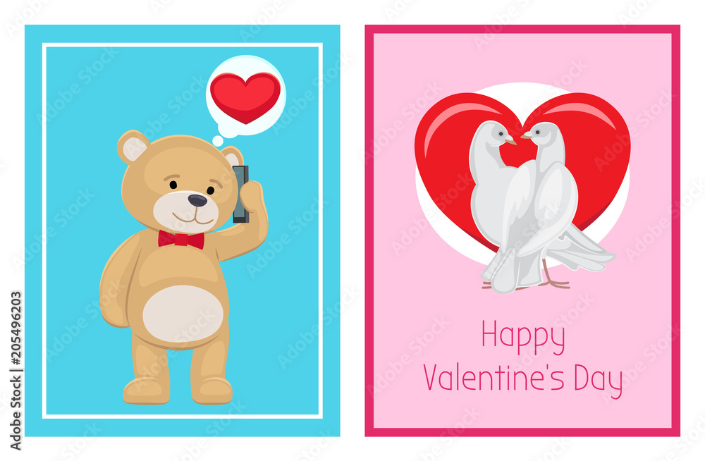 Cute Soft Toy Bears and White Doves in Love Set Cute Soft Toy Bears and White Doves in Love Set