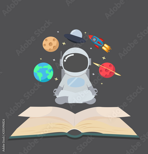 Open  book of Astronaut meditating  in space