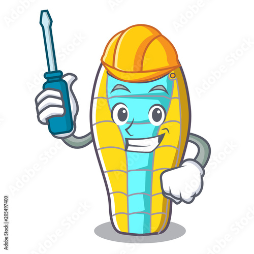 Automotive sleeping bad mascot cartoon