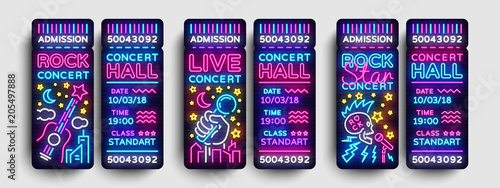 Concert Tickets Collection Design Template in Modern Trend Style. Rock Concert Tickets Vector Illustration, Neon Style, Light Banner, Bright Advertising for Concert, Festival. Nightlife Vector