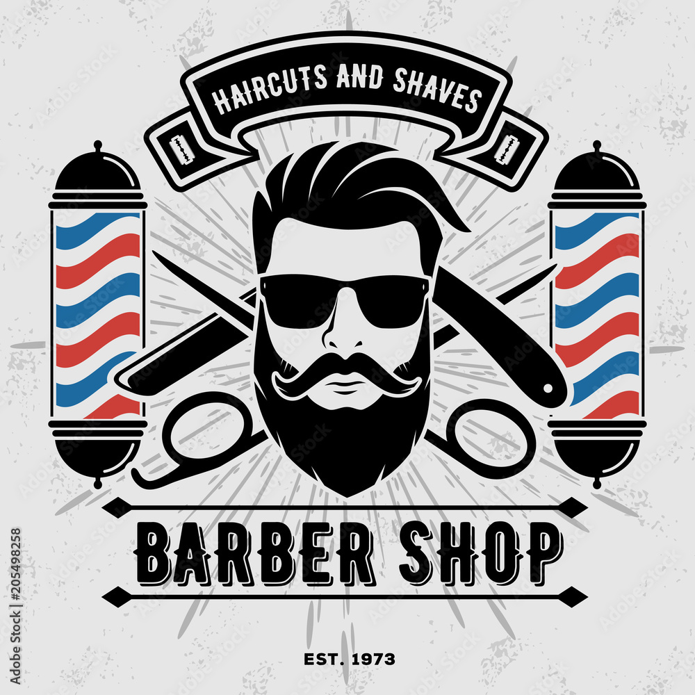 Barbershop Logo with barber pole in vintage style. Vector template Stock  Vector