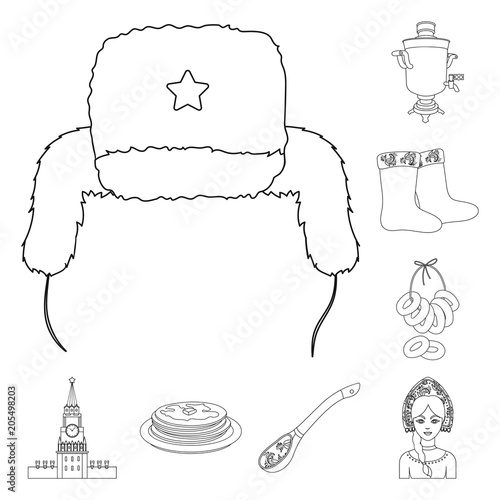 Country Russia, travel outline icons in set collection for design. Attractions and features vector symbol stock web illustration.