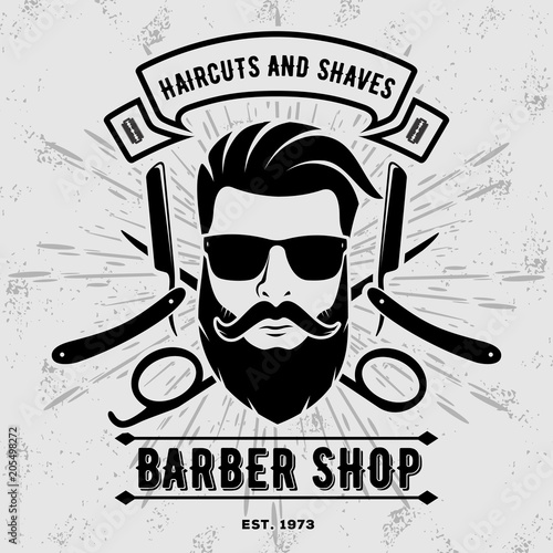 Barber shop vintage label, badge, or emblem on gray background. Vector illustration