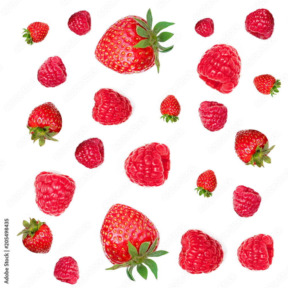 Falling Various fresh berries isolated on white background, close up. Flying Strawberry, Mint, Raspberry and Blueberry. Falling Various fresh berries isolated on white background, close up. Flying Strawberry, Mint, Raspberry and Blueberry.