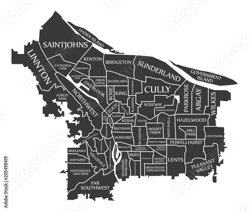 Portland Oregon city map USA labelled black illustration