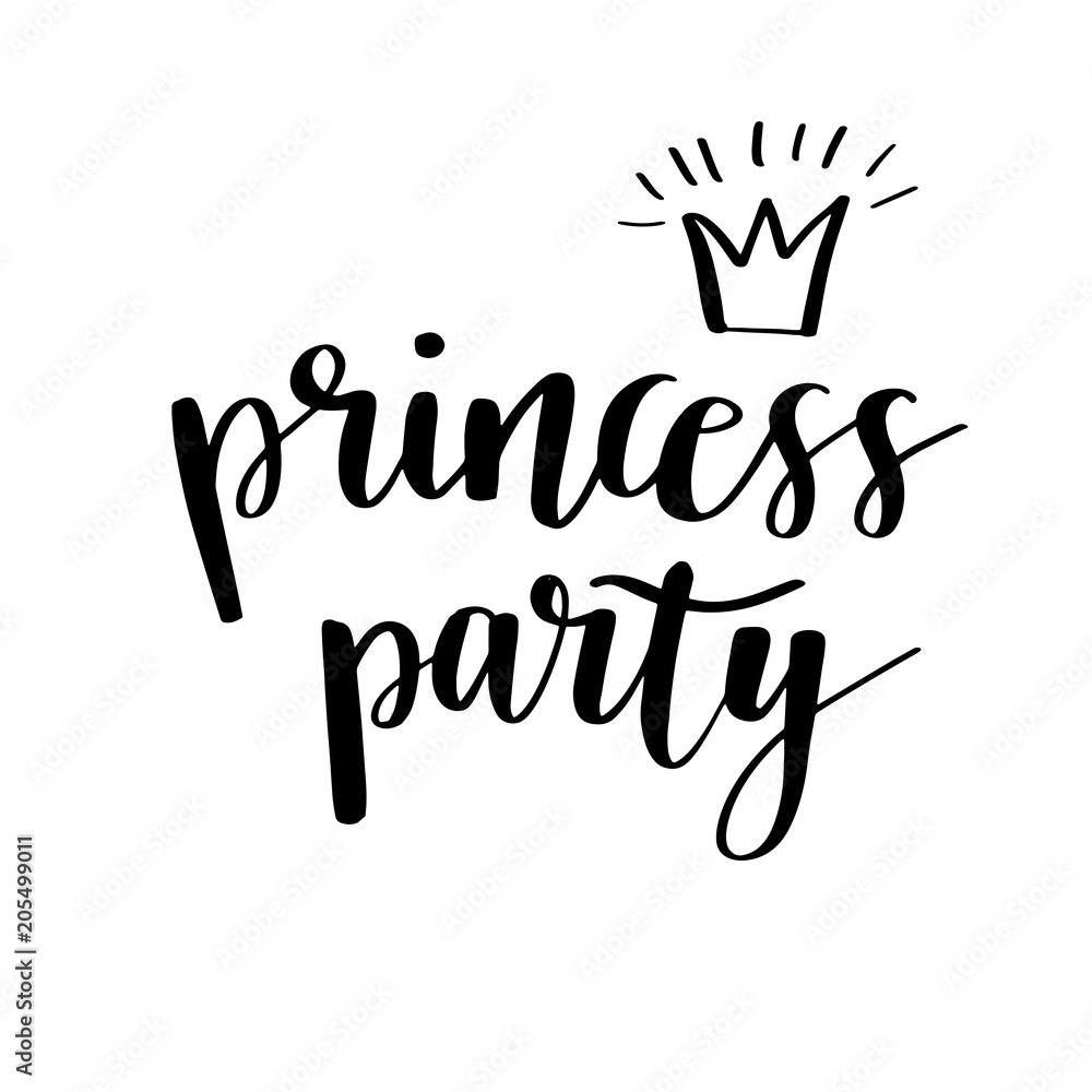 Princess Party Bridal shower card design. Birthday Girl lettering quote typography. Retro design for postcard, poster, graphics. Text with crown and cloud.